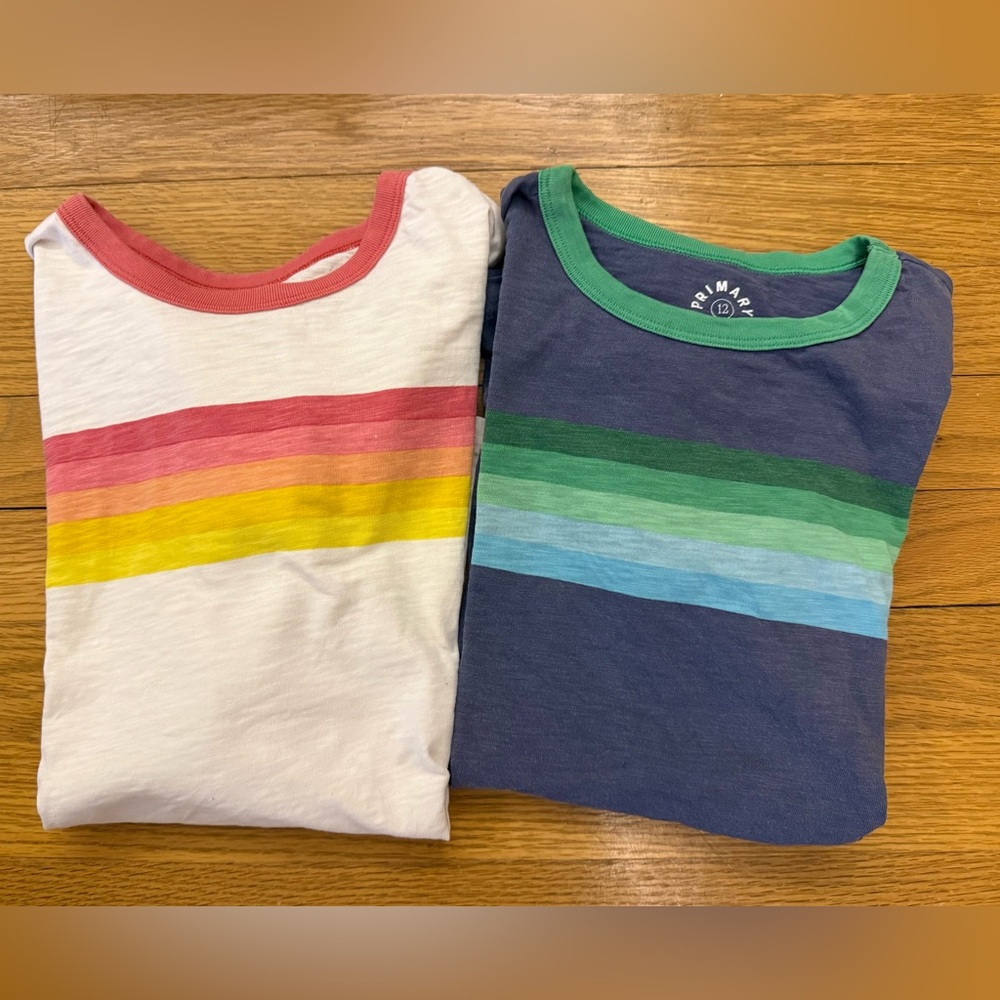 Two Primary Kids Short Sleeve Rainbow Stripe Tee - White & Navy Size 12